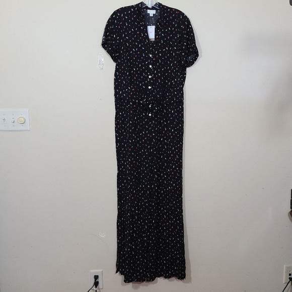 J. Jill Black Floral Button Down Jumpsuit Size M